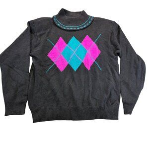 Vintage Lord Isaacs Argyle Wool Angora Sweater L Black Turtleneck Quiet Luxury
